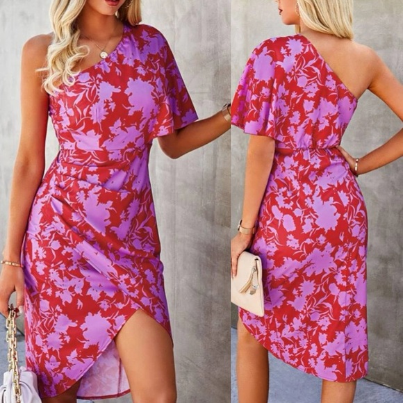 Boho pink floral print one shoulder asymmetrical hem dress - Picture 2 of 6